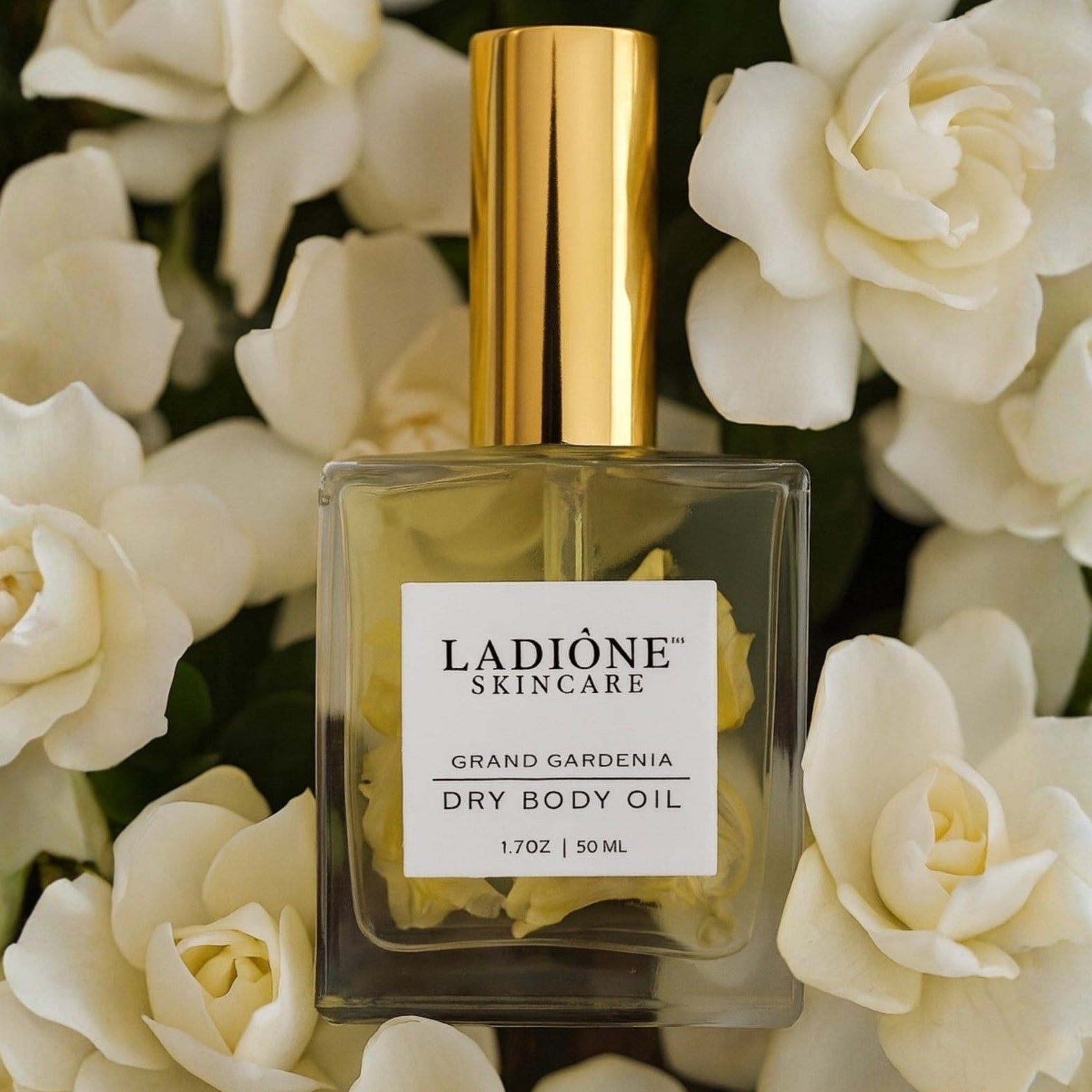 Ladione Skincare dry body oil bottle with gold cap on a background of white flowers