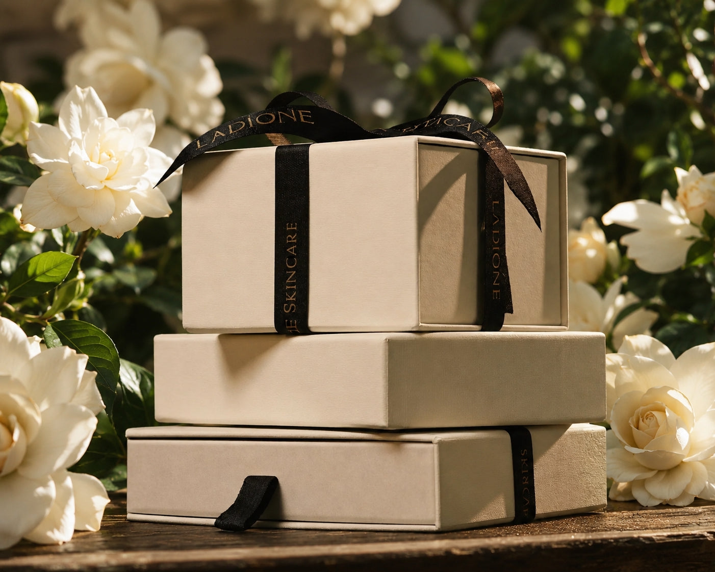 Stack of skincare product boxes with a black ribbon on a floral background