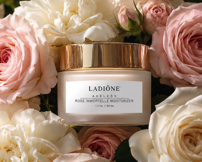 Ladione skincare moisturizer surrounded by pink and white roses