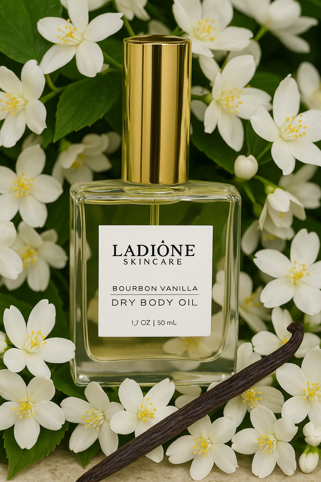 Ladiéne Skincare Bourbon Vanilla Dry Body Oil bottle surrounded by white flowers