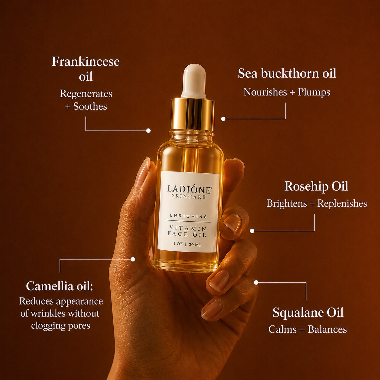 Organic Daily Face Oil Ladione skincare oil bottle held in a hand with oil types labeled explaining skincare benefits 