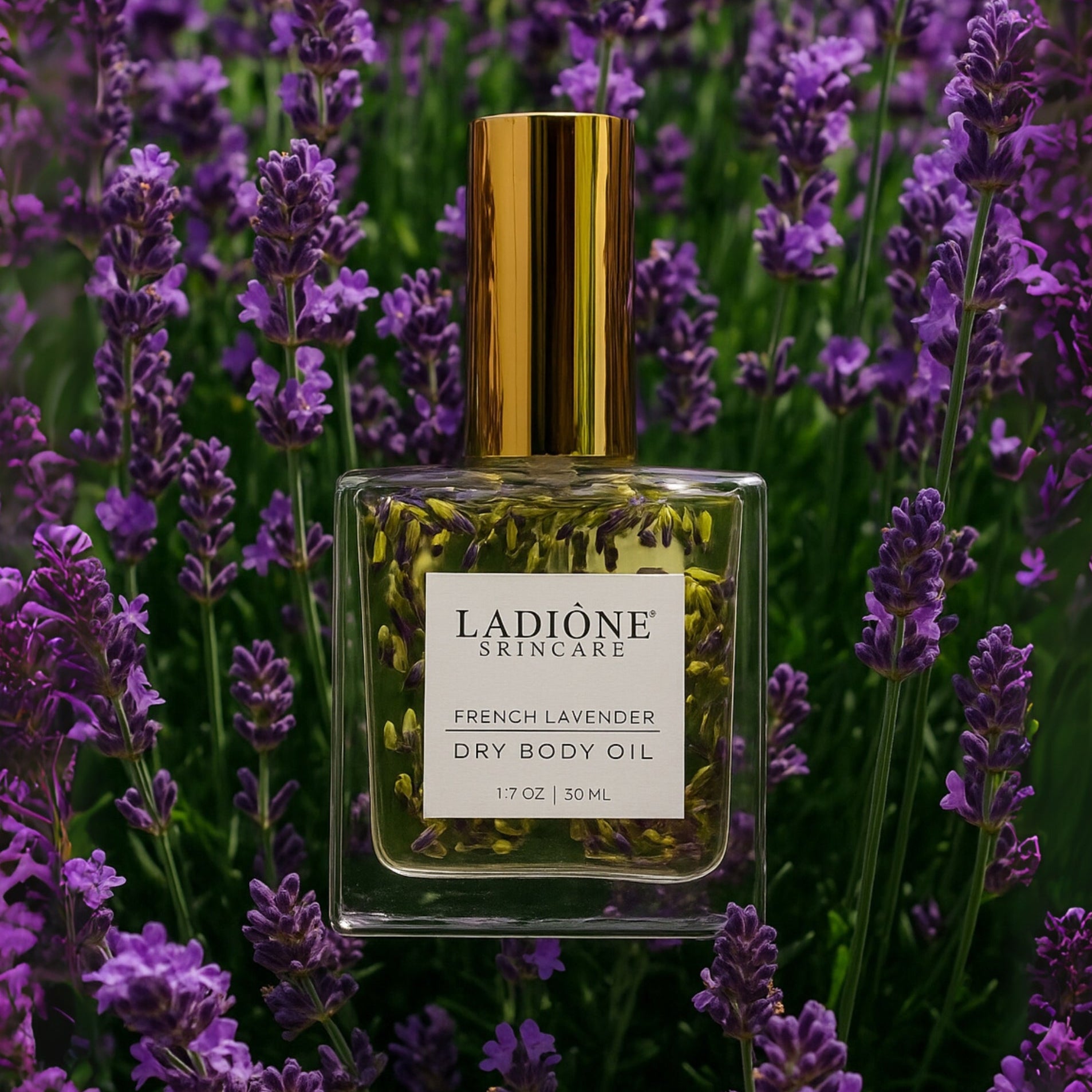 Ladione Skincare French Lavender Dry Body Oil bottle in a field of lavender flowers