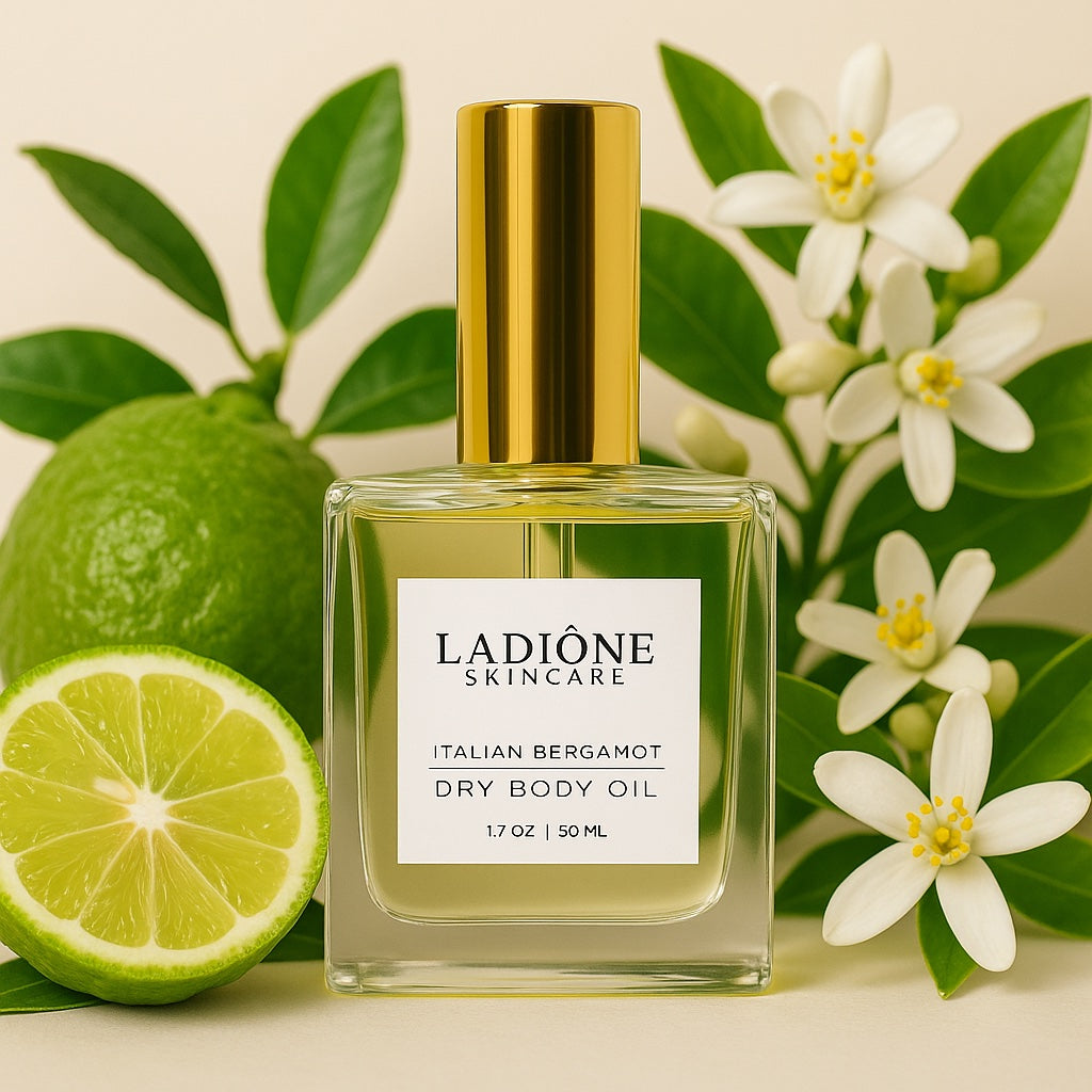 Ladióne skincare Italian Bergamot dry body oil bottle with bergamot flowers on a beige background