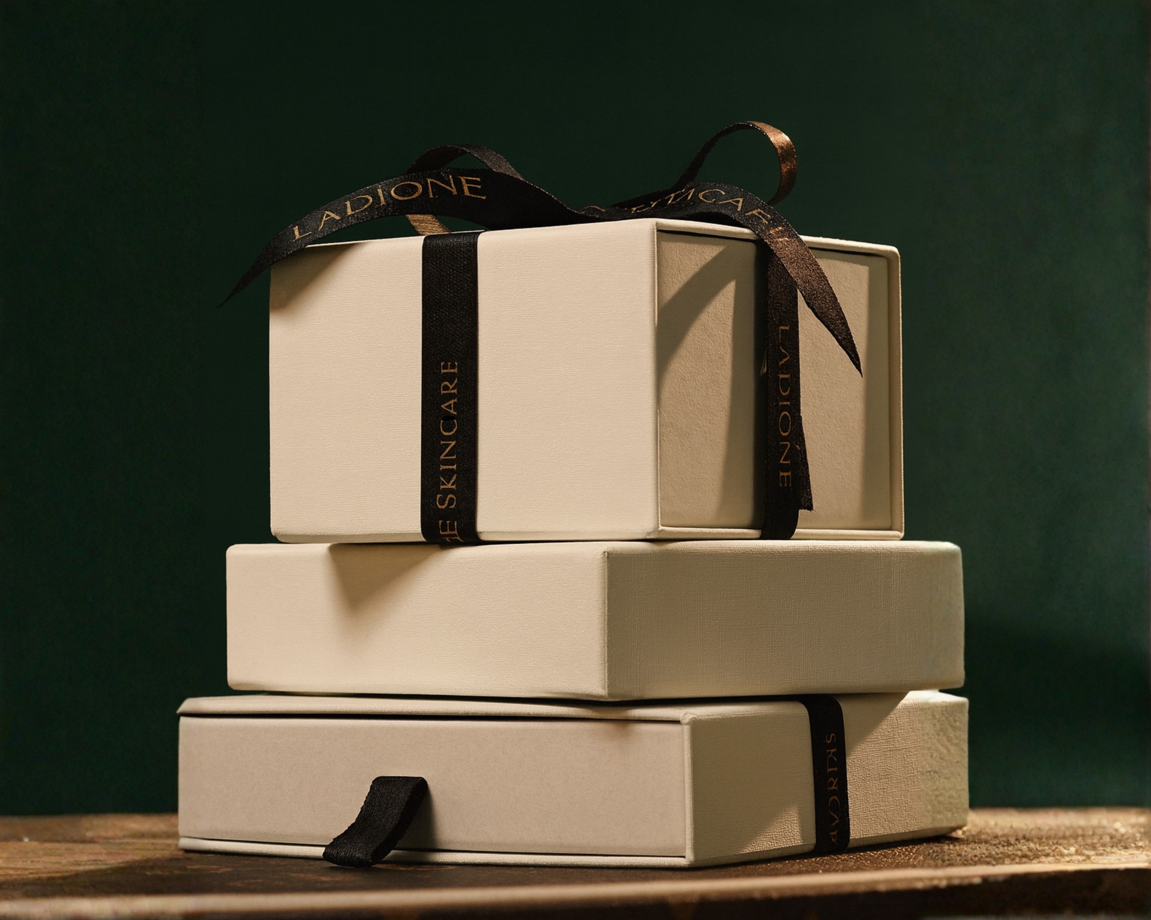 Stack of skincare product boxes with a ribbon on a dark background
