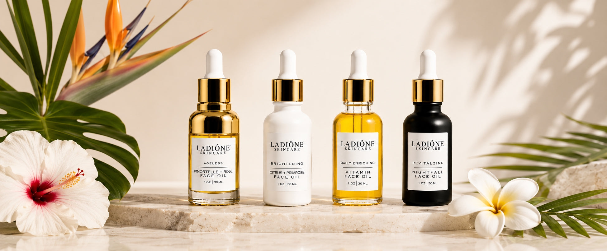 Luxury organic face oil collection by LADIÔNE featuring botanical facial oils