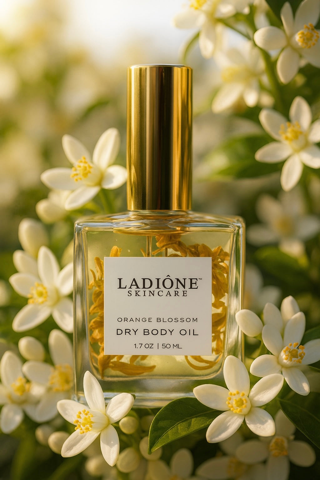 Ladióne skincare dry body oil bottle surrounded by orange blossoms