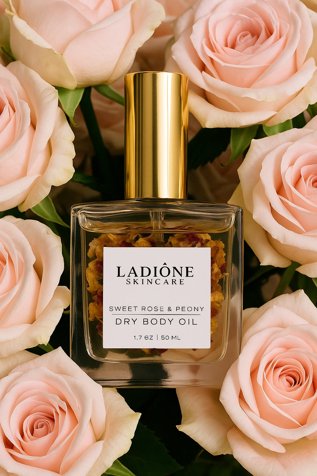 Ladione skincare dry body oil bottle surrounded by pink roses