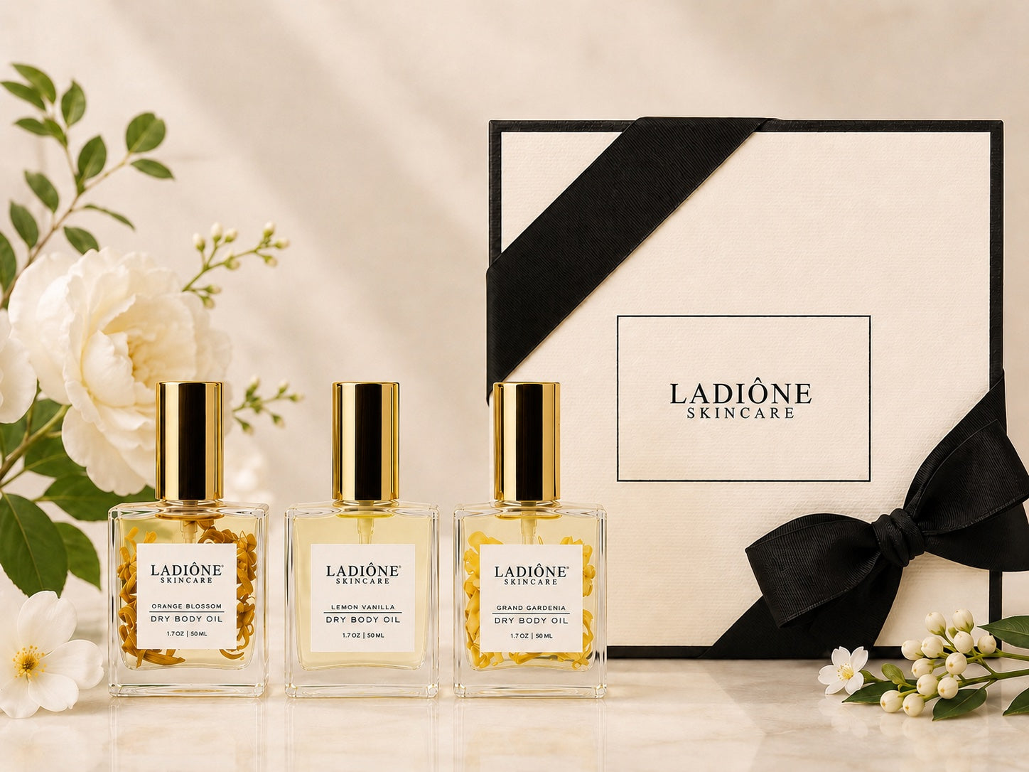 Three bottles of Ladióne skincare products with a black box and decorative elements on a light background.